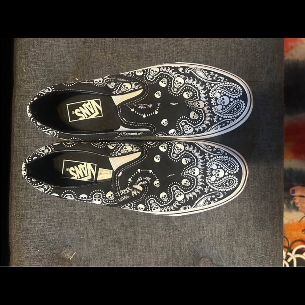 Vans Black and White Paisley Slip-Ons